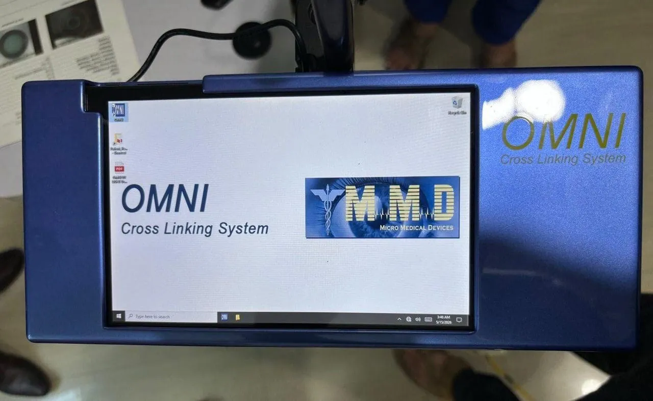 The OMNI Cross Linking System console at start-up, installed at Ibotombi Eye Care